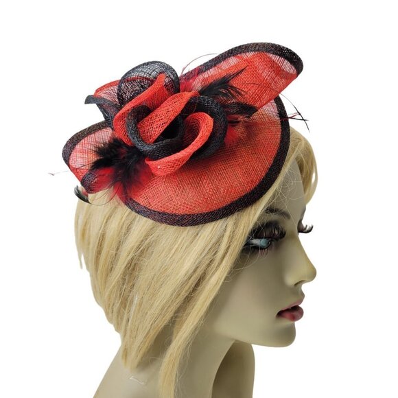 Red and Black Comb Fascinator With Sinamay Rosettes and Black Feathers - Picture 1 of 14